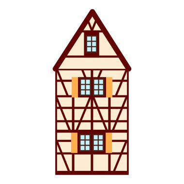 Old german house with red wooden beams. beige and brown colored half timbered building. Flat facades of european framing houses, cottages