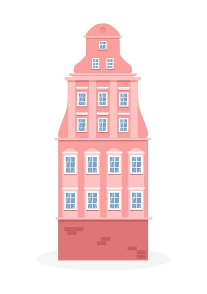 Европейский красочный старый дом. Голландский стиль. Розовый исторический фасад. Традиционная архитектура Нидерландов или Польши. Векторная иллюстрация. — стоковый вектор