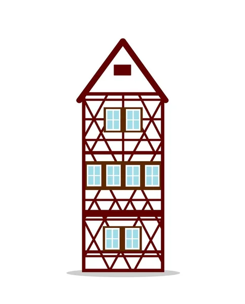 Old german house with red wooden beams. colored half timbered building. Flat facades of european framing houses, cottages. — Stock Vector