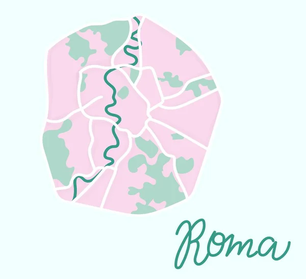 Cartoon flat map of the center of the Rome. Tiber river is dark green, the land is pink. Funny cute European Italian city map. Vector illustration. — Archivo Imágenes Vectoriales