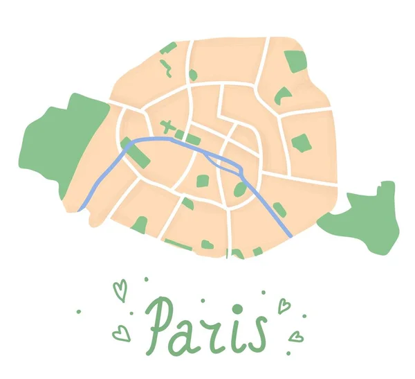 Cartoon flache Karte des Zentrums von Paris. Sein Fluss ist blau, bois de boulogne und bois de vincennes sind grün. lustige süße europäische Stadtkarte. Vektorillustration. — Stockvektor