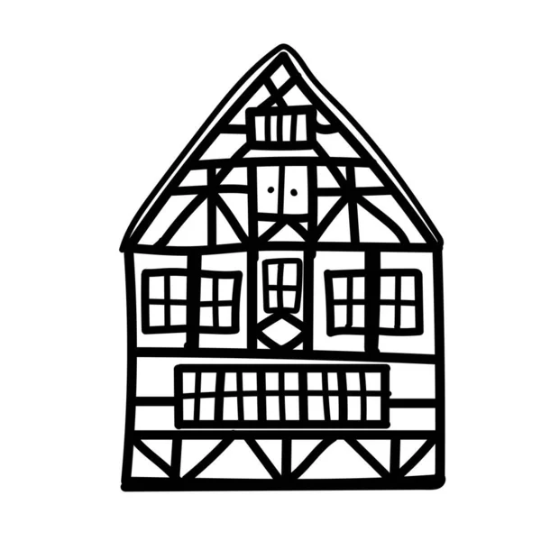 Doodle alten deutschen Haus mit Holzbalken. Handgezeichnetes Fachwerkhaus. Schwarze Fassaden europäischer Fachwerkhäuser, Hütten. — Stockvektor