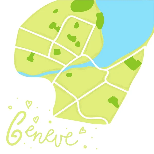 Cartoon mapa plano de color del centro de Geneve. la tierra es verde. Calle White Mail. Divertido lindo mapa de Suiza Europea. Ilustración vectorial. — Vector de stock