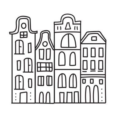 Amsterdam 'ın elle çizilmiş evleri. Siyah felç. Beyaz arkaplanda izole edilmiş basit vektör illüstrasyonu.