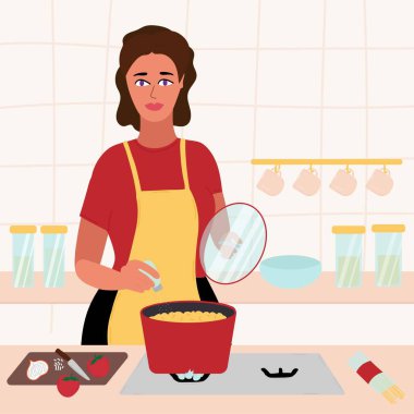 Mutfakta yemek pişiren güzel bir kadın. Kırmızı elbiseli esmer ve sarı önlüklü tuz çorbası ve tencerenin kapağını tutuyor. Çizgi film vektör illüstrasyonu