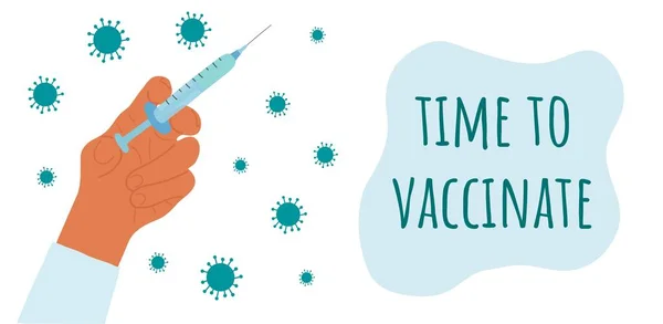Tecknad hand håller en spruta med ett vaccin. Brevtid till Vaccinera. Mall för hälso- och sjukvård och skydd. Landningssida. Vektor illustration isolerad på vitt — Stock vektor