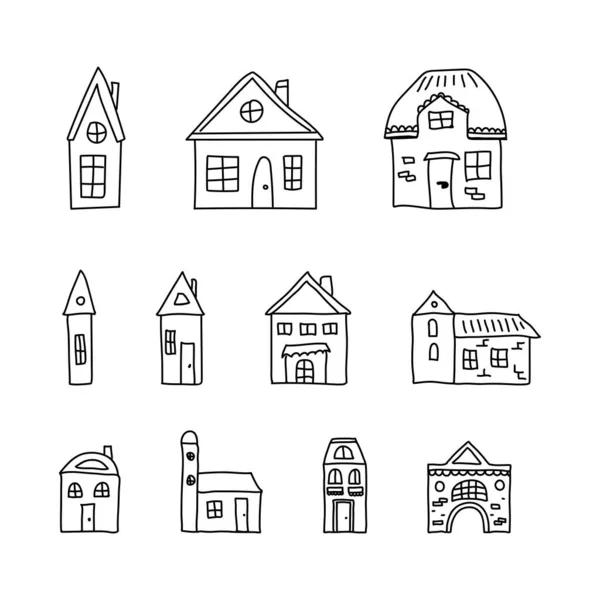 Handgezeichnete Reihe von Kritzelhäusern. Dünne schwarze Linie. Verschiedene Fenster, Türen und Dächer. Vektor-Illustration isoliert auf Weiß — Stockvektor
