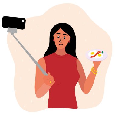 Esmer kadın yemek blogcusu blogu için çırpılmış yumurta ve pastırmayla foto selfie çekiyor. Akıllı telefon kamerası olan tatlı bir kız. Sosyal medya vektörü çizgi film çizimi.