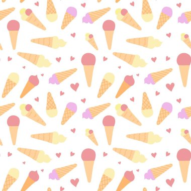 Tatlı dondurmayla el çizimi, pürüzsüz desen. Kahverengi ya da bej renkli koniler ve klonlanmış meyveler. Lezzetli bir çöl. Vektör aktarımı.