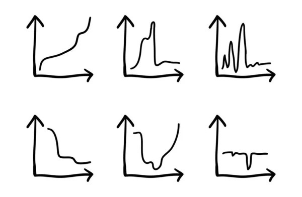 Marktelemente für Unternehmensdaten dot bar pie Diagramme. Zwei Pfeile Koordinaten und Kurve Linie nach oben, unten, Peak, bullish und Bearish Umkehrung, Börse. Handgezeichnete Doodle-Zeichnung. — Stockvektor