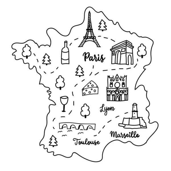 手绘涂鸦，附有著名地标、树木、国家符号的法国地图。在白色背景上孤立的向量图. — 图库矢量图片