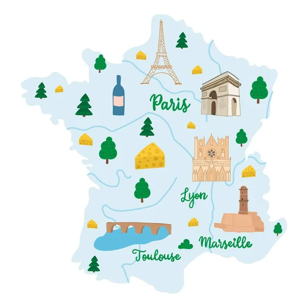 Franciaország kézzel rajzolt illusztrált térképe folyókkal és városokkal — Stock Vector