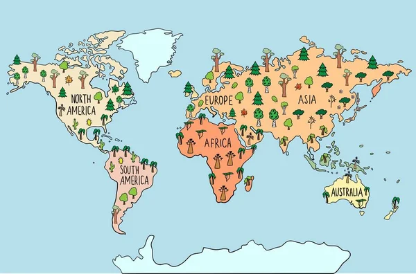 カラーハンドは木でドアマップを描きました カエデ さくらんぼ 世界の植物 生息地ベクトルイラスト — ストックベクタ