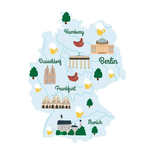 Mapa Ilustrado Dibujado Mano Alemania Con Ríos Ciudad — Archivo Imágenes Vectoriales