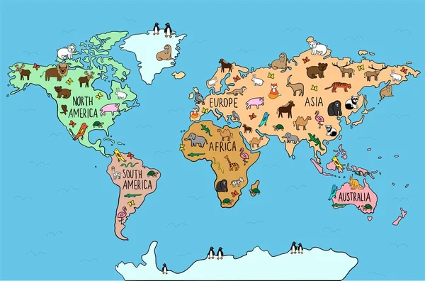 Mapa Dibujado Mano Garabatos Color Con Animales Endémicos Vida Silvestre — Vector de stock