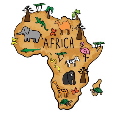 Afrika 'nın el çizimi haritası. Ulusal ağaçlar ve hayvanlar. baobab, zürafa, timsah, kaplumbağa, fil.