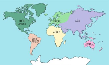 Kıtalarla el çizimi dünya haritası. Kuzey ve Güney Amerika, Avrupa, Asya, Avustralya, Afrika.