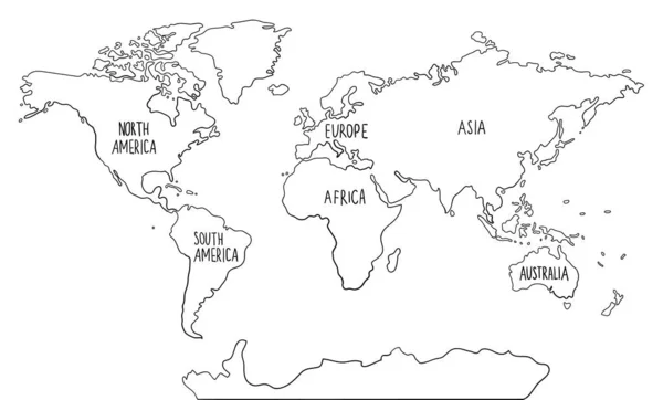 Doodle dibujado a mano Mapa del mundo con continentes. América del Norte y del Sur, Europa, Asia, Australia, África. — Vector de stock