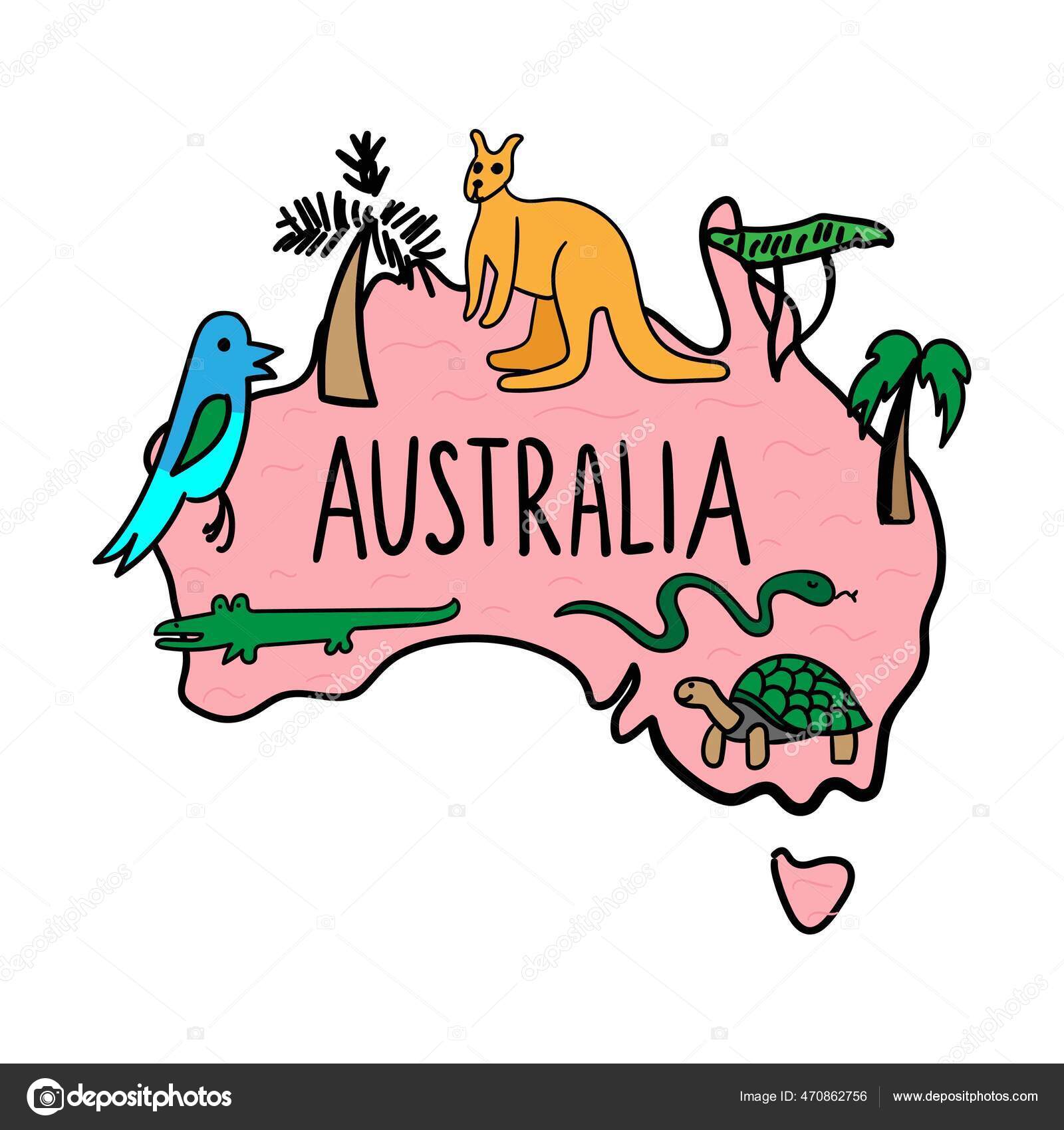 Hand drawn doodle Australia map. National symbols, animals, trees