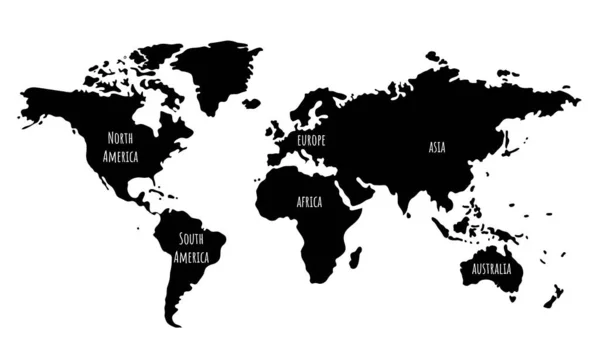 Mapa ilustrado en blanco y negro del mundo con continentes para niños en edad preescolar, escolares, educación en el hogar. — Archivo Imágenes Vectoriales