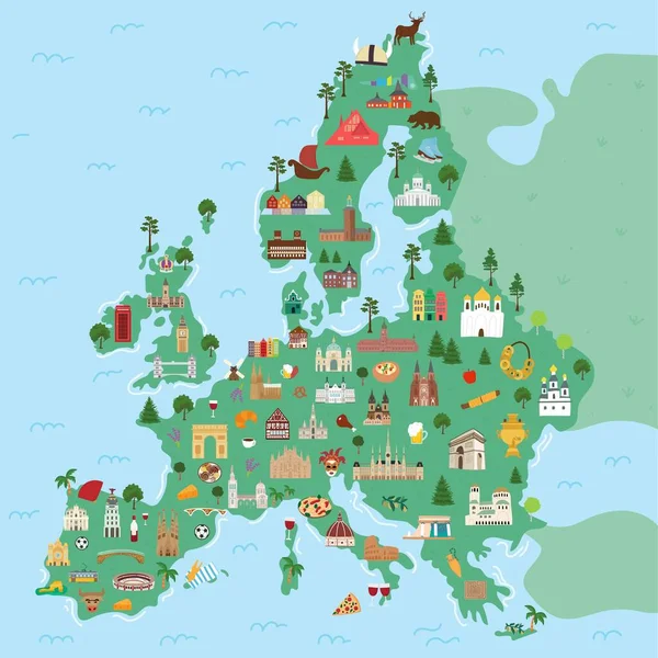 Иллюстрированная карта континента Европа со знаменитыми достопримечательностями и зданиями. — стоковый вектор