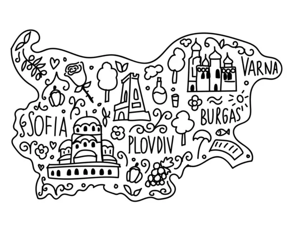 Mapa ilustrado de doodle da Bulgária. Templo de marcos famosos, catedral, rosa, rakia e monumento Shipka. Linhas pretas desenhadas à mão. — Vetor de Stock