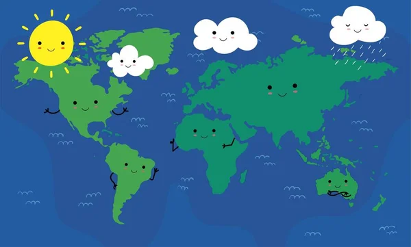 Carte du monde illustrée lumineuse avec des continents mignons kawaii, soleil, nuages pour les enfants d'âge préscolaire, — Image vectorielle