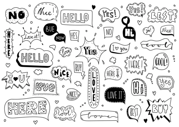 Doodle Conjunto Burbujas Habla Estilo Dibujado Mano Cómica Ventanas Diálogo — Vector de stock