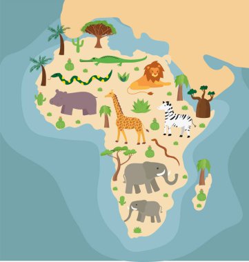 Çizgi filmde Afrika haritası çizildi. Endemk ağaçları, bitkiler ve Madagaskar adası. ejderha ağacı, palmiye ağacı, renkli arka planda kaktüs.