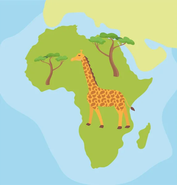 Cartone animato disegnato a mano mappa illustrata dell'Africa con giraffa e acacia Madagascar isola. su sfondo colorato. Illustrazione vettoriale. — Vettoriale Stock