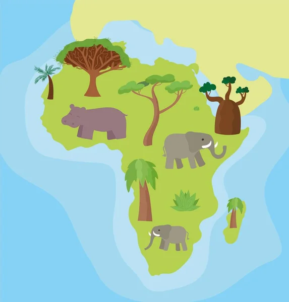 Karikaturenhandgezeichnete bebilderte Landkarte von Afrika mit endlosen Bäumen, Pflanzen und der Insel Madagaskar. Drachenbaum, Palme, Kaktus auf farbigem Hintergrund — Stockvektor