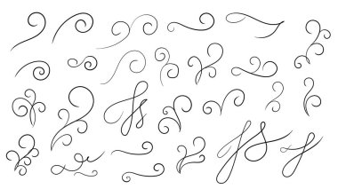 Girdap süsleme elle çizilmiş. Kalemle süslü bukleler, girdaplar ve filigran süslemeler vektör illüstrasyonu seti. Siyah beyaza