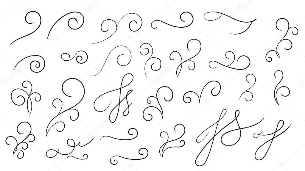Swirl ornament stroke hand drawn. Ornamental curls with pen, swirls divider and filigree ornaments vector illustration set. Black on white