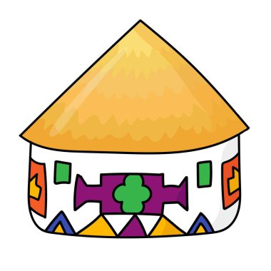 Elle çizilmiş Afrika milli kulübesi. Ndebele kabilesinin evi. Etnik kalıplı sazdan yapılmış çatı ve duvarlar. Renkli sayfalar.