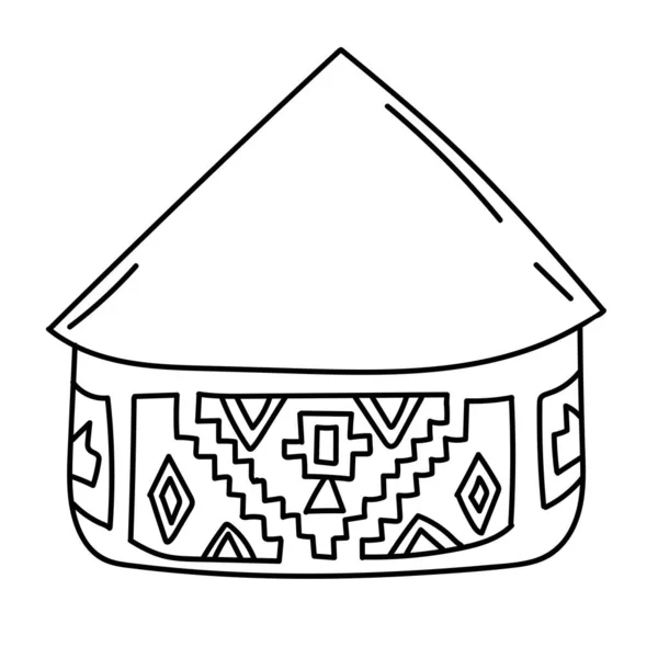 Cabana nacional africana desenhada à mão. Habitação tribal de Ndebele. Simples telhado de palha e paredes com padrões étnicos. Desenhos para colorir. —  Vetores de Stock