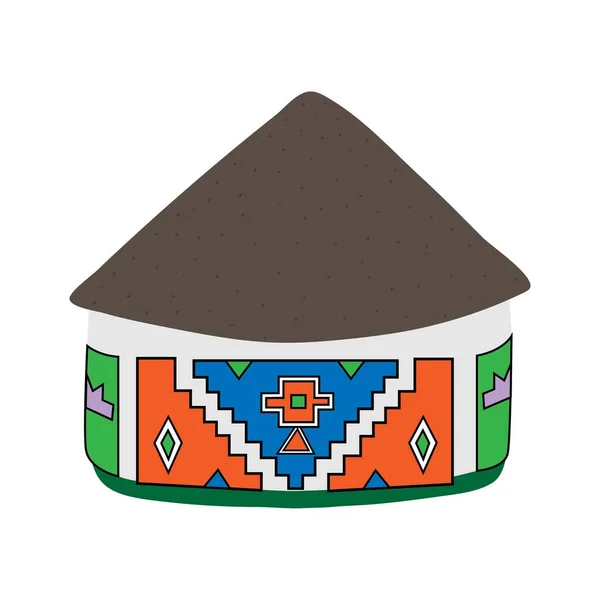 Casa africana Ndebele con techo de paja gris aislado sobre fondo blanco. Paredes de arcilla decoradas de colores brillantes. Patrón geométrico. — Vector de stock