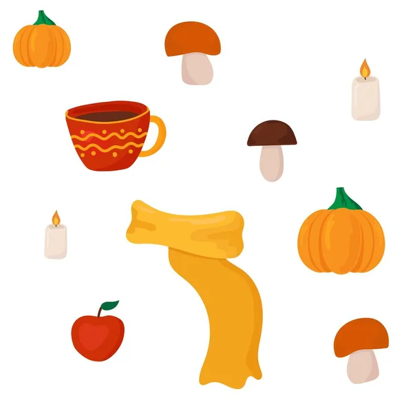 Vektor-Set von Herbst-Symbolen für jedes Design. Gemütliche und helle Herbstsymbole. Karikaturengelbe Pflanzen, — Stockvektor