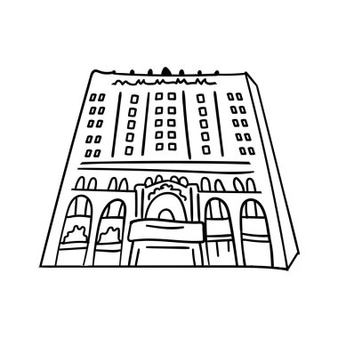 Pencereli modern yüksek binanın karalama el çizimi. Siyah özet. Vektör illüstrasyonu beyaz arkaplanda izole edildi.