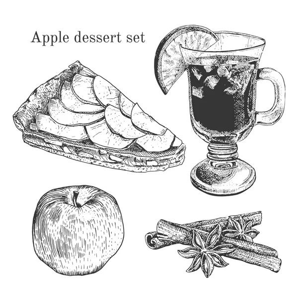 Conjunto de postres de manzana de tinta con manzanas, canela, vainilla — Vector de stock