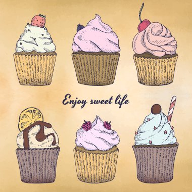 Suluboya arka plan üzerinde ayarla renk cupcakes