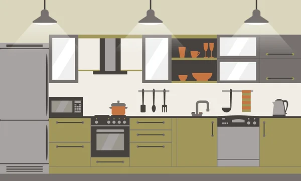 Cocina moderna interior diseño plano . — Vector de stock