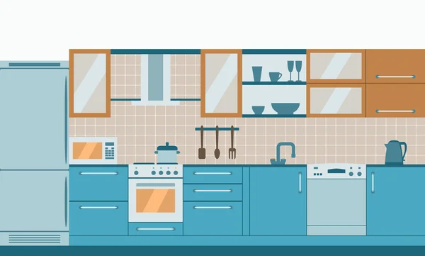 Cocina interior diseño plano . — Vector de stock