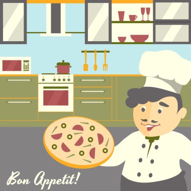 Pizza şef aşçı illüstrasyon mutfak iç arka plan ile. Düz vektör tasarımı. Yumuşak renk paleti.