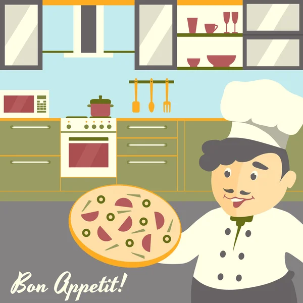 Pizza Chef-kok illustratie met keuken interieur achtergrond. Platte vector design. Zacht kleurenpalet. — Stockvector