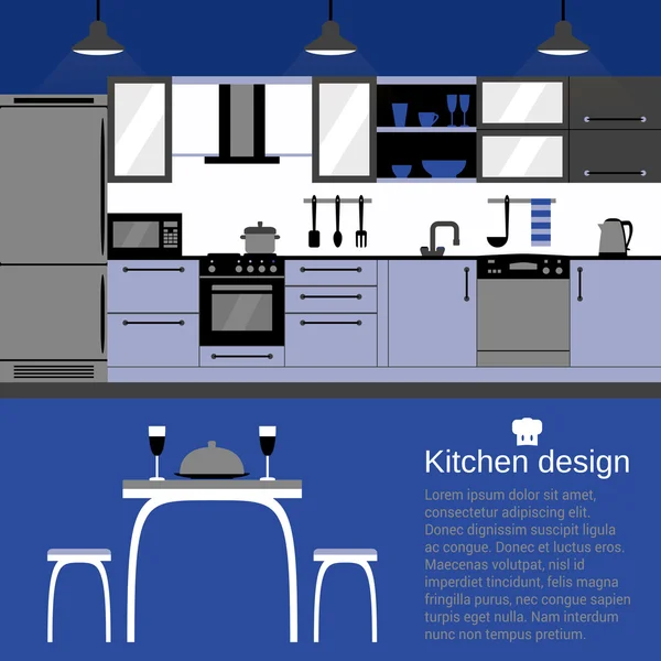 Cocina moderna de diseño interior plano con muebles para el hogar y kithenware. Vista frontal. Ilustración vectorial. Color azul brillante contraste elegante paleta — Archivo Imágenes Vectoriales