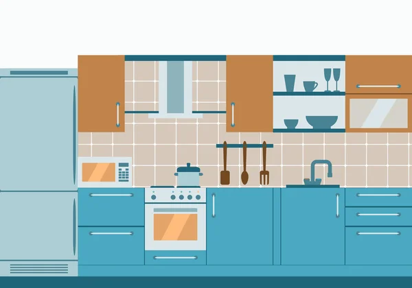 Kuchyňského interiéru plochý design bytového nábytku a kithenware. Pohled zepředu. Vektorové ilustrace. — Stockový vektor