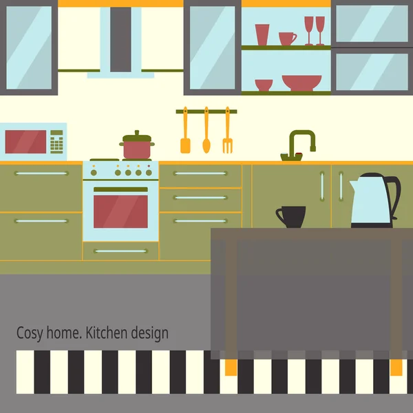 Keuken interieur plat design meubilair en kithenware. Vooraanzicht. Vectorillustratie. Gezellige huis thema. — Stockvector