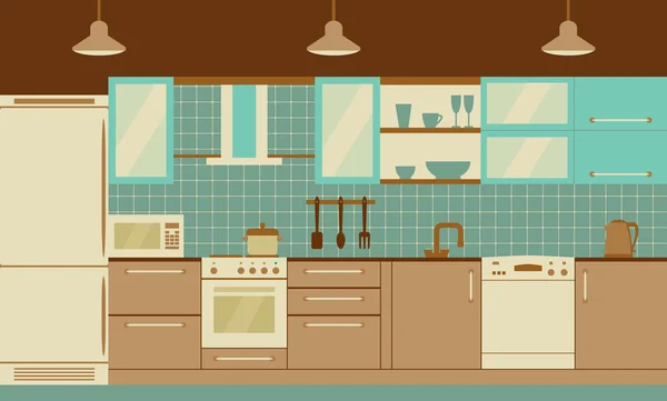 Інтер'єр кухні плоский дизайн з домашніми меблями і посудом. Вид спереду. Векторні ілюстрації . — стоковий вектор