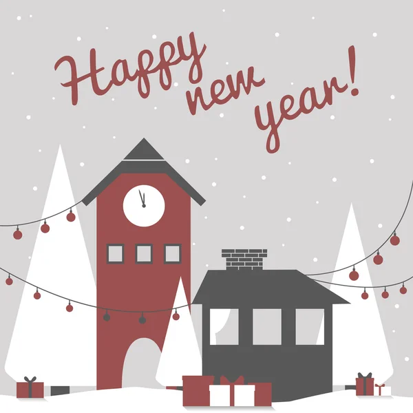 Blahopřání v moderní lakonický plochý s panoráma siluetu a šťastný nový rok přání — Stockový vektor