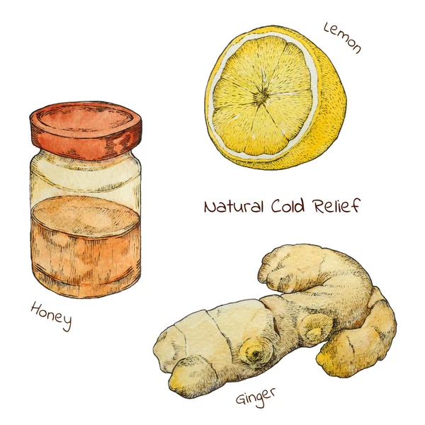Cold and flu natural relief watercolor set. — Stock Illustration Cold and flu natural relief watercolor set. Vector Graphics
